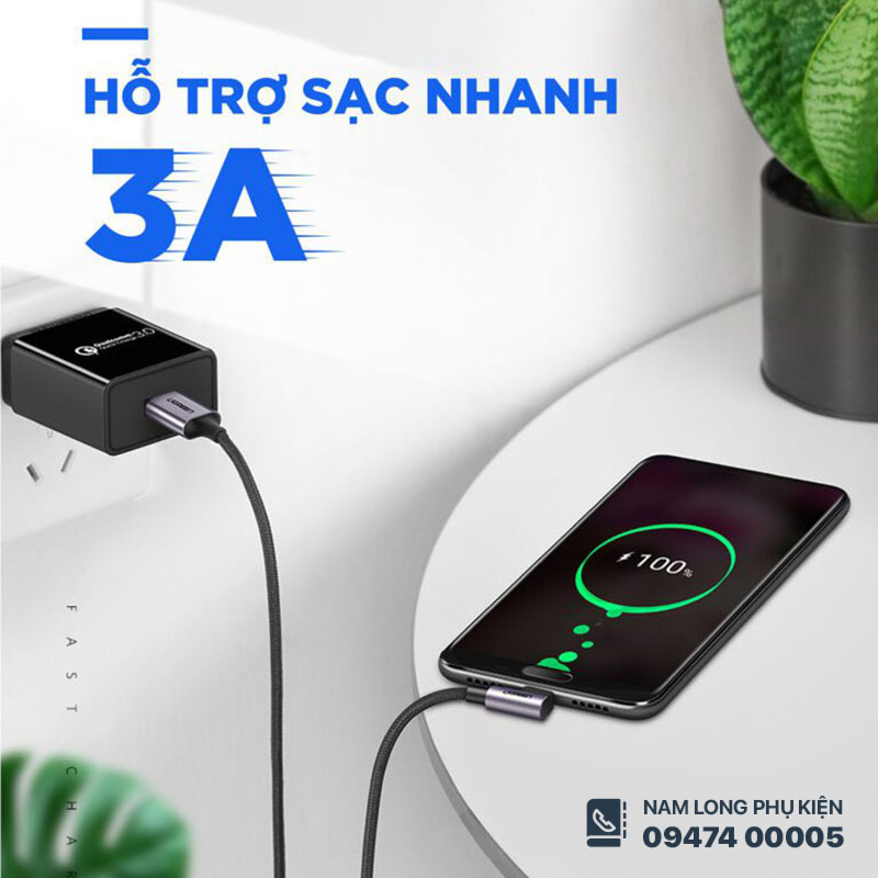 Cáp sạc nhanh 3A vuông góc Type C Ugreen US284 dài 3 mét – Nam Long Mobile